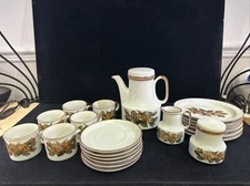 60's/70's Stoneware Tea Coffee Pot Pitcher Cups Saucers Plates Cream Sugar Korea