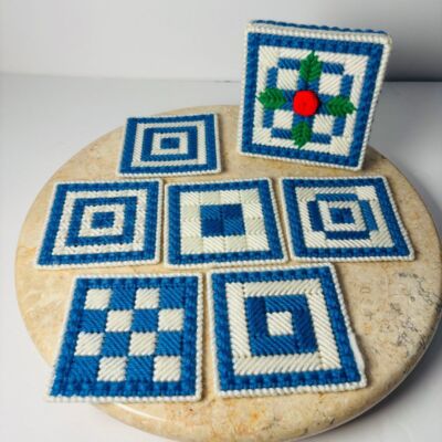 Vintage Handmade Cross Stitch Blue Floral Boxed 6 PC Coaster Boho MCM Crochet