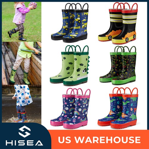 HISEA Kids Waterproof Printed Rain Boots Easy-On Handle Pull-On Camping Wellies