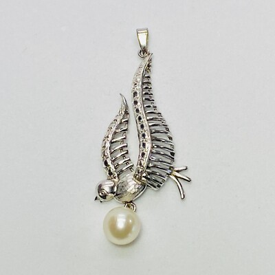 14K Weißgold 7mm Perle Hänger Fliegender Vogel 42mm Anhänger 2,9g