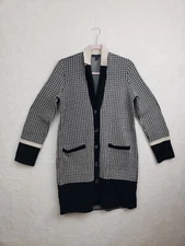 Ann Taylor Women Sweater Medium Black Plaid Cotton B Long Sleeve Button Cardigan