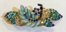 Peacock Inspired Hair Clip Barrrette Style Crafted with Rhinestones in Gold Tone