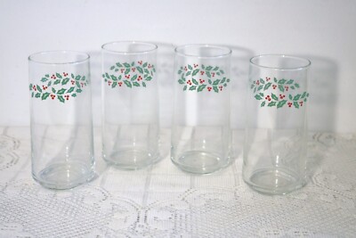 HOLLY & BERRIES CLEAR WATER LEMONADE ICE TEA TUMBLERS DRINKING GLASSES Set of 4