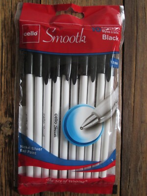 NEW Cello Smooth Pack of 10 Ballpoint Pens Black Ink Nickle Silver
