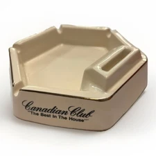 Canadian Club Ceramic Ashtray Whiskey Vintage  Matchbook Holder 6” Hexagon Cream