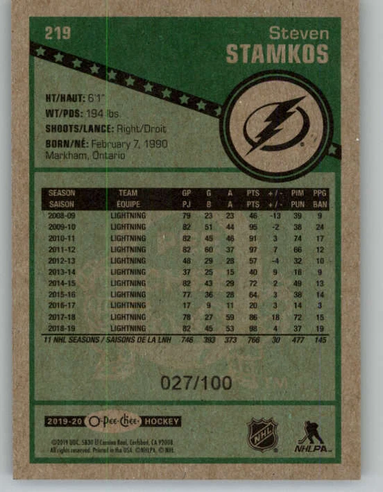 2019-20 O-Pee-Chee Retro Black #219 Steven Stamkos 100 (ref 151524) - Image 2 of 2