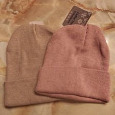 2 Ladie's Knit Cuffed Beanie Winter Hats- Light Pink Beige- One Size- NEW
