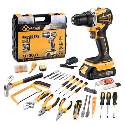 Yellow 21V Cordless Drill Brushless Motor Tool Kit Set 3/8 Inch Keyless Chuck