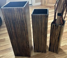 3 Piece Set Wood Vase Modern Tall 20" Brown Abstract Design
