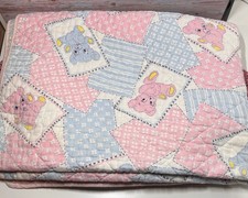 Vintage Patchwork Teddy Bear Crib Quilt Pink Blue White Unisex 32x44