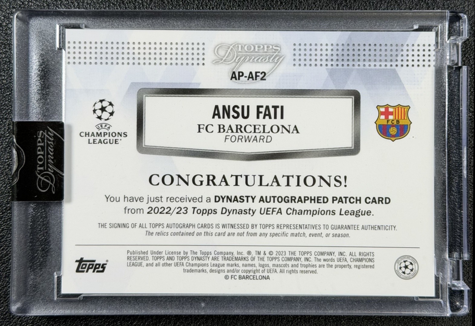 ANSU FATI 2022-23 TOPPS DYNASTY UCL #AP-AF2 MATCH-WORN JERSEY PATCH AUTO 6/10 view 2