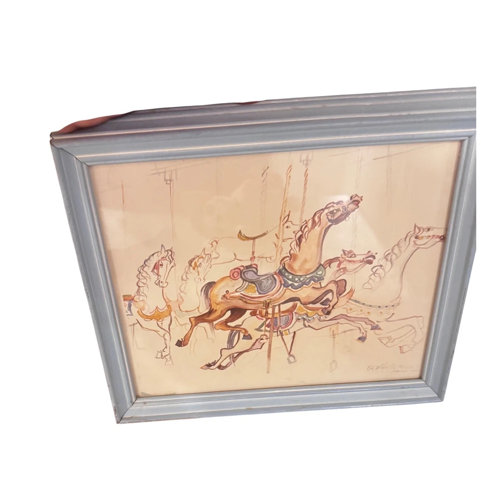 Ed Walaitis Carrusel Caballos Enmarcado Acuarela Original Firmado Decoración Pared 1983 Foto 3 de 4