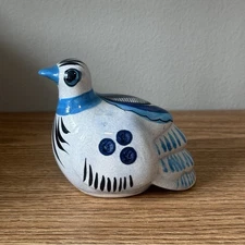 Mexico Folk Art Pottery Blue Fat Bird Figurine Tonala Flower Vintage