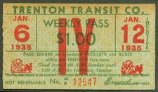 Trenton Transit Weekly Trolley Pass 1935 1/6-1/12