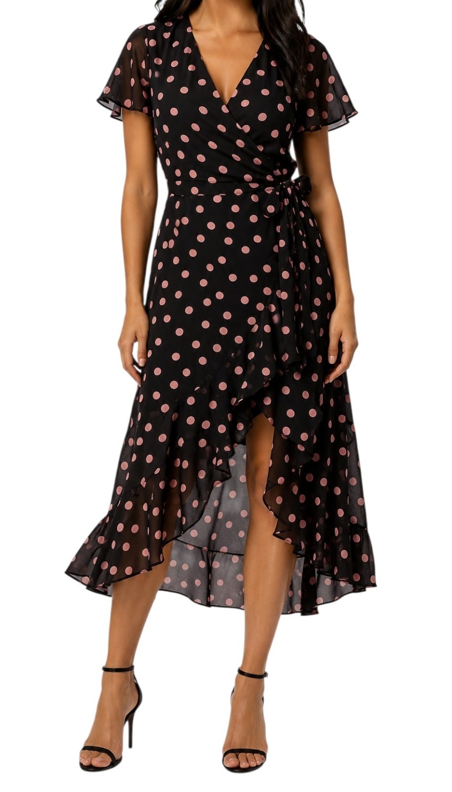 Wallis Vestido Midi Cruzado Lunares Rosa Con Volantes Negro Verano