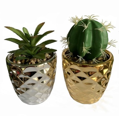 Pflanzgefäße Silber 15cm Keramik 2er Set Indoor Schreibtisch künstlicher Kaktus & Dracaena