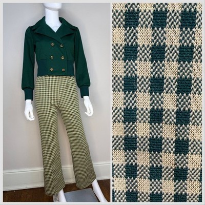 Vtg 1970s Green Pant Suit Toni Todd 70s Cropped  Jacket Gingham Flare Leg Pants