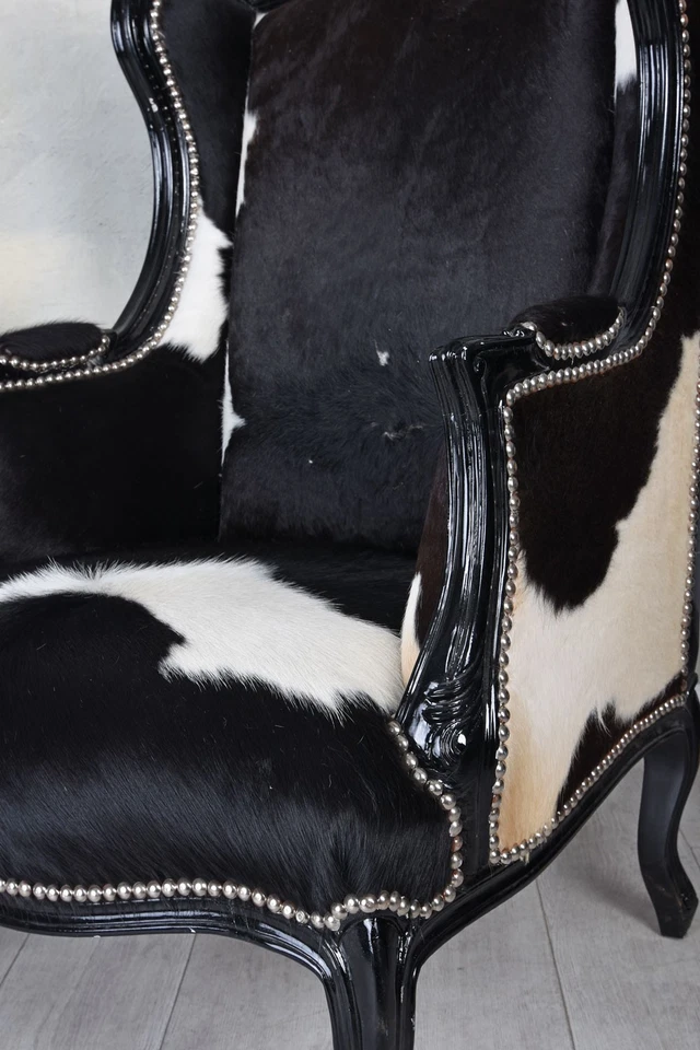 Luxus Sessel Barock Ohrenbackensessel Armlehnsessel Kuhfell Kaminsessel Antik - Bild 4 von 4