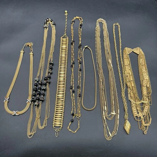 Lot of 8 Vintage Gold Tone Costume Jewelry Necklaces