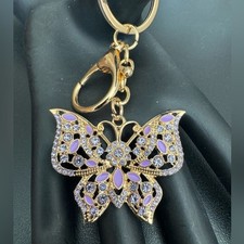 BAG CHARM Gold Tone Crystal Butterfly Keychain in Purple NWT