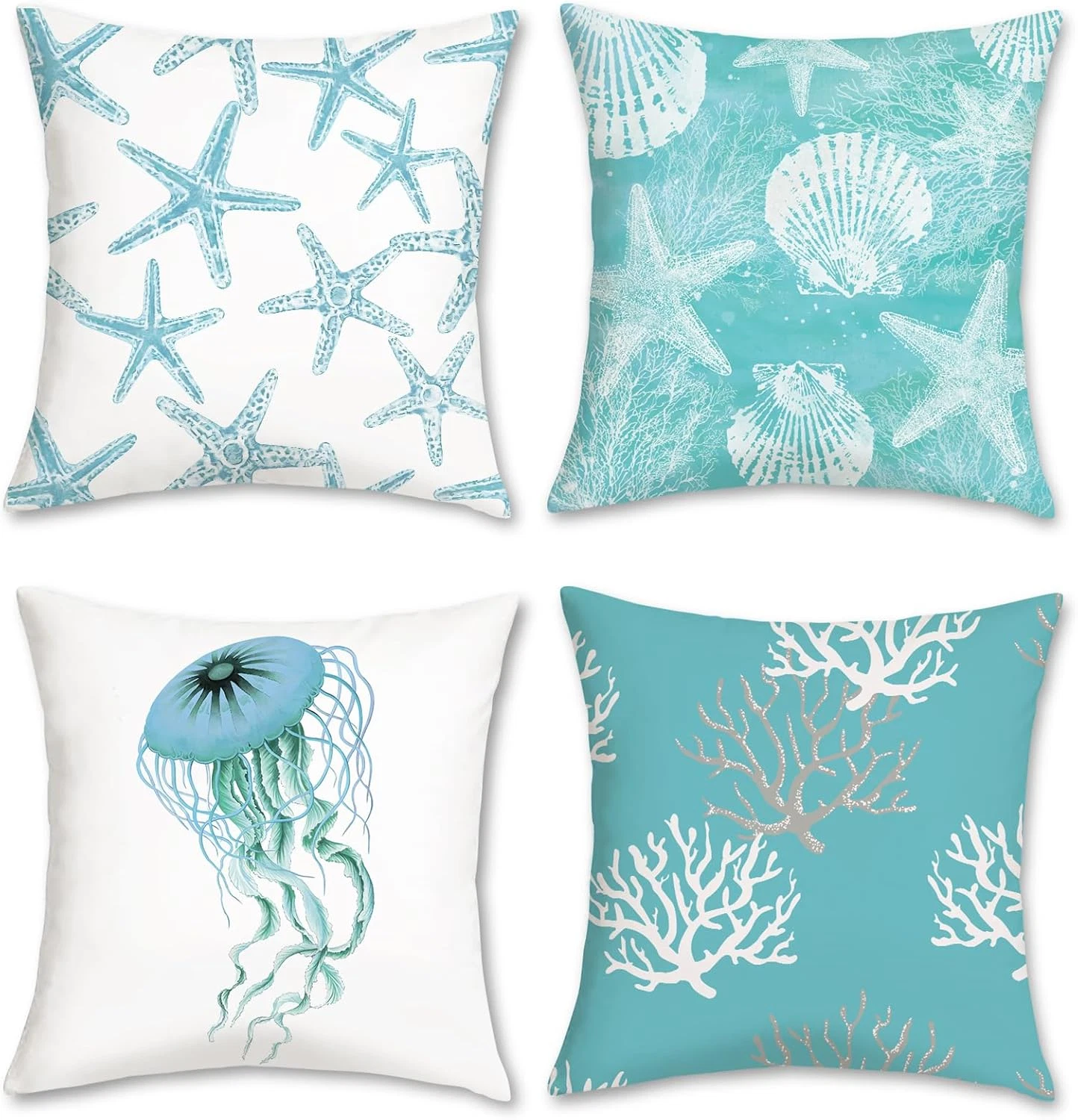 Bonhause Turquoise Coastal Pillow Covers 18X18 Inch Set of 4 Beach Starfish Seas