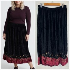 VTG Crushed Velvet Maxi Skirt Size XL Black Whimsigoth Witchy Fairy Embroidered