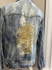 VTG Distressed Denim Jacket Artisan Hand Painted Boho Cottage Sz Med
