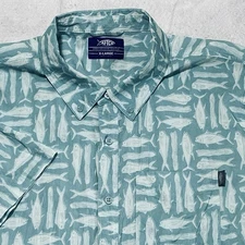 AFTCO Button Up Fishing Shirt Mens XL Aqua Blue Fish Pattern Short Sleeve