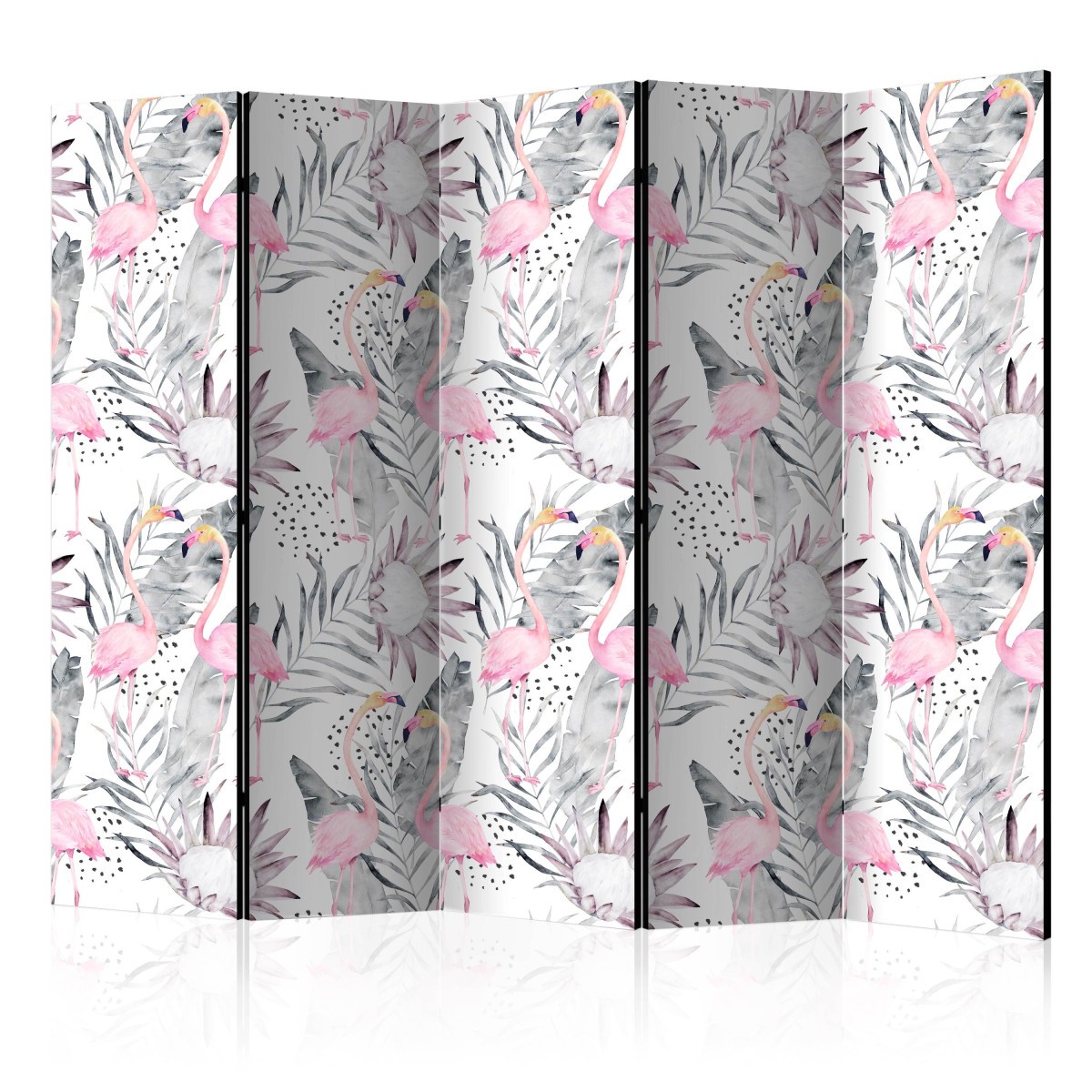 Paravent 5 volets Flamingos en bois pour séparer un salon exotique 172x225cm