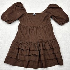 American Eagle Corduroy Babydoll Dress Womens Medium Brown Puff Sleeve Tiered