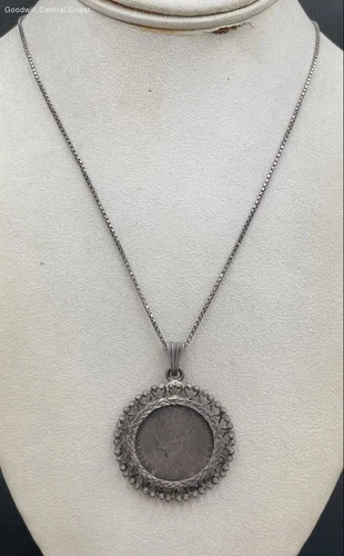 925 Silver Box Chain Ring Clasp Necklace W/ 1885 Vintage Coin Sterling Pendant