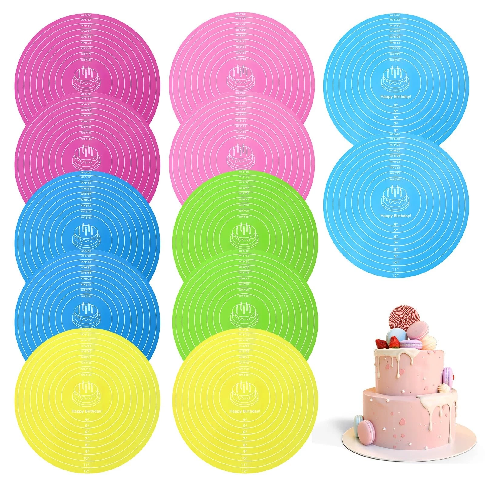 12Pcs Silicone Baking Mat, 12 Inch Round Silicone Mat, Cake Mats with Measure...