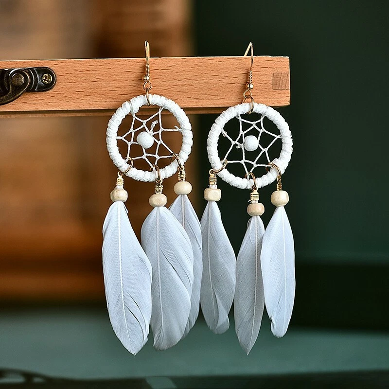Women Jewelry Retro Boho Tassel Earrings Dream Catcher Feather Style Hoop Hook - Image 3 of 4