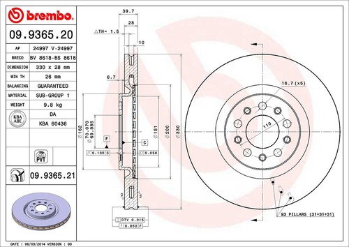 BREMBO Par de Discos Freno 09.9365.20 Alfa Romeo Giulietta / Brera /159/ Spider - Imagen 2 de 5