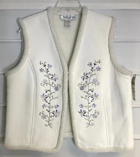 Jones Wear Sport Winter White Corduroy Sherpa Lined Embroidered Vest 14 NWTS!