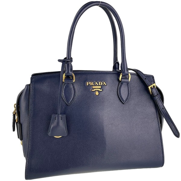 PRADA Leather Fabric Navy 2way Handbag 3103