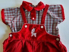 Vtg 60s BOYS RED PLAID OVERALLS ROMPER 2-PIECE SET SZ 24 MONTHS Corduroy BOHO