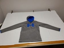 Under Armour Hoodie Sweatshirt Boys Youth XL Gray Blue Big Logo Cold Gear