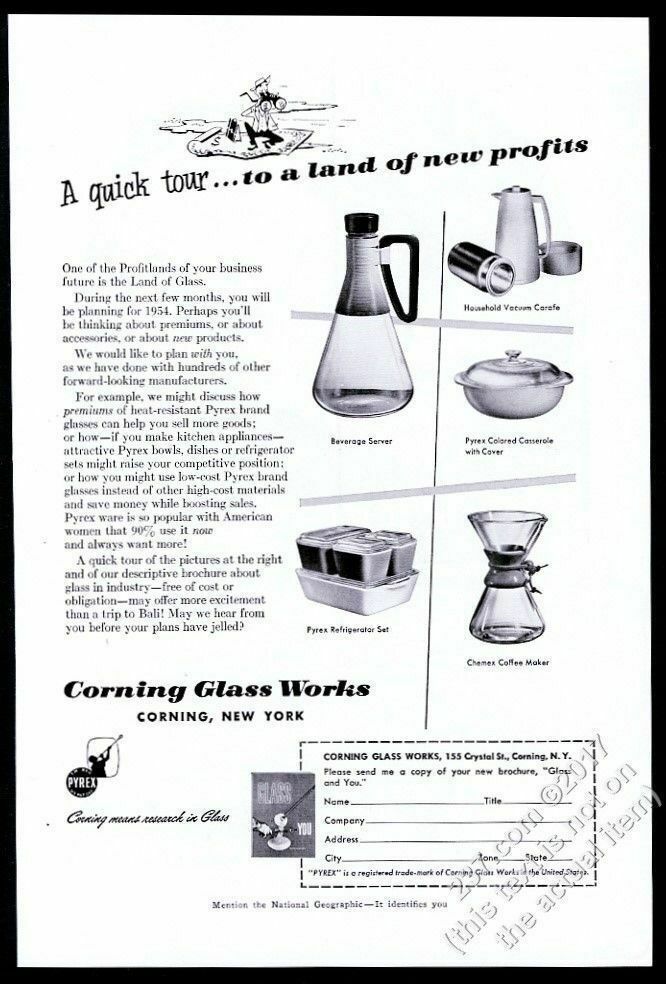 1953 Chemex coffee pot Pyrex server photo Corning Glass Works vintage print ad