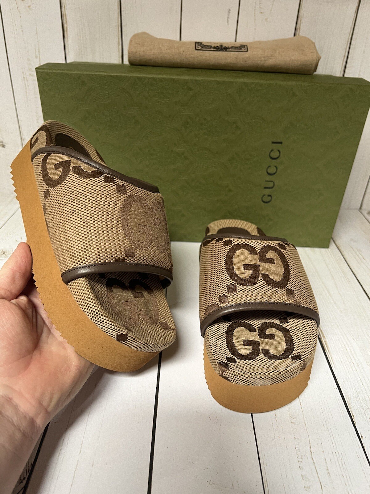 Gucci Jumbo Monogram GG Platform Slide Sandal Camel/Ebony Sz 35 / 5 image 6
