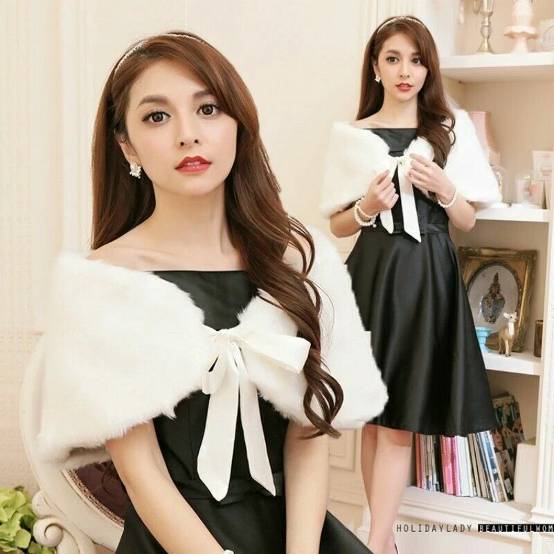 Dama Bolero Encogido de hombros Capa Mantón Envolvente Estola Piel Sintética Esponjoso Peludo Novia Boda Top Foto 2 de 4