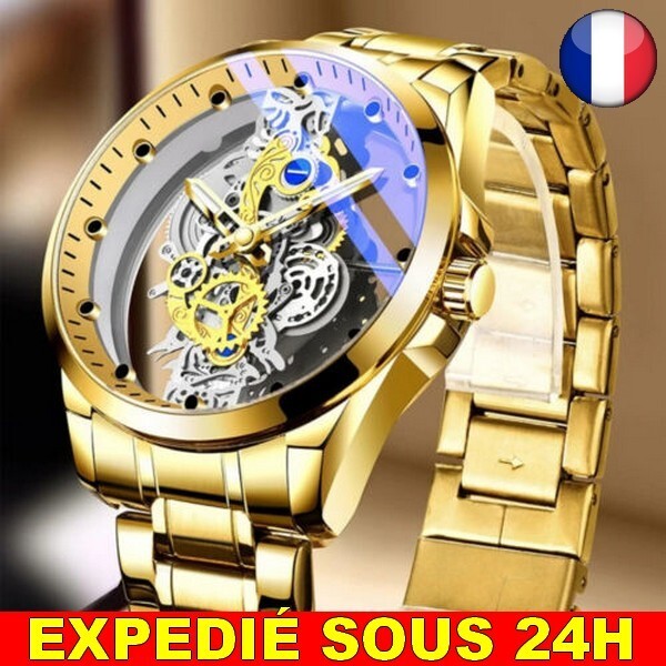 Montre quartz luxe homme bracelet acier inoxydable bijoux creux doré tendance