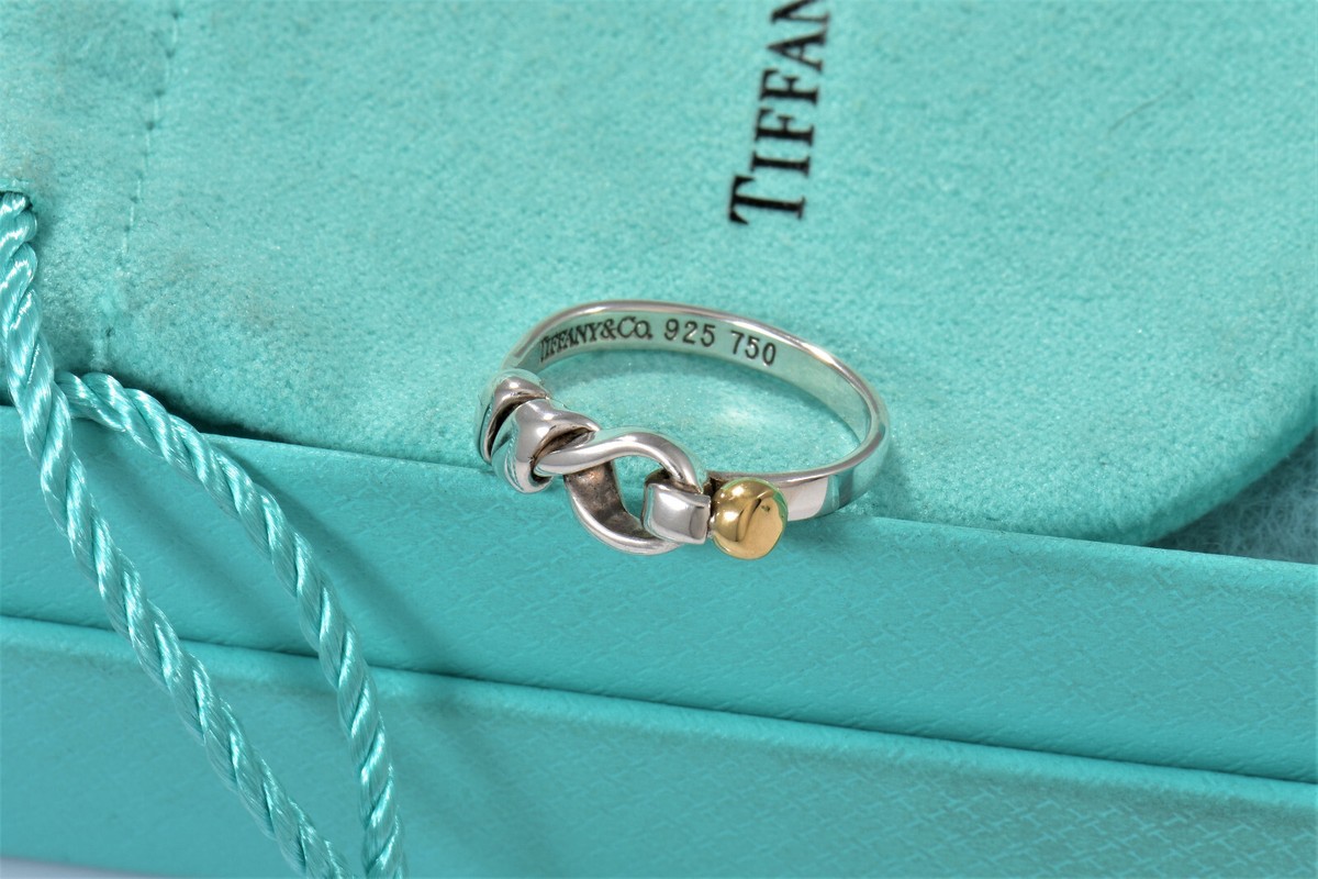 Vintage Tiffany & Co 18K Yellow Gold Silver Hook Eye Knot Ring