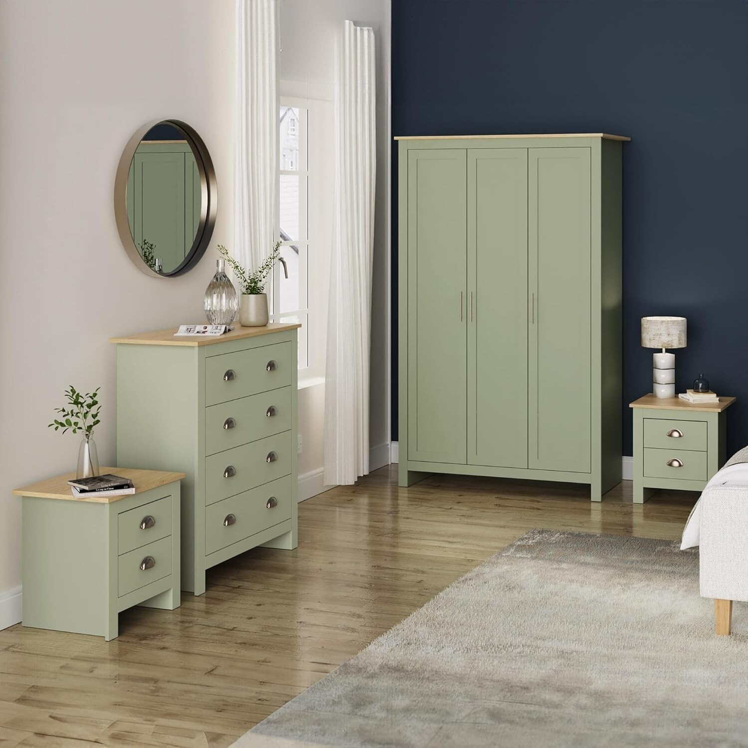 4 Piece bedroom set 3 Door Robe + 2 Bedside 4 drawer chest Sage Green Lancaster
