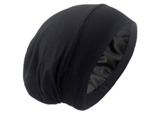 Hair Bonnet / Sleep Cap Black Satin Lined Adjustable Cap - For Men  Women