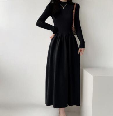 Formal Korean Dress Korean Style] A-line Long Sleeve Knitted One Piece  Black Dress  Ordicle