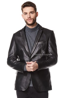 Men's Leather BLAZER Black Classic ITALIAN Tailored Soft REAL - Main Image