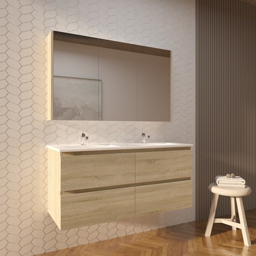 1200mm White Oak MDF Bathroom Vanity 2 Drawers Wall Hung with Ceramic Top - Picture 6 of 20
