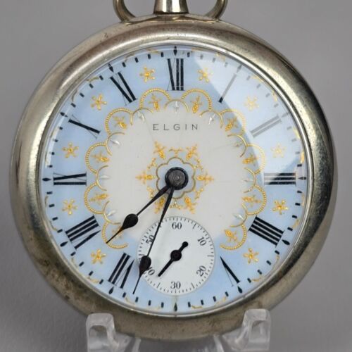 VTG Elgin Pocket Watch Gold & Blue Dial Silver Case W/ Locomotive Design 18s 7j - Picture 2 of 11