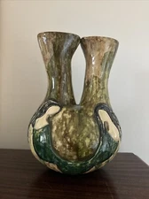 Studio Pottery Green Drip Glaze Female Women Sgraffito Pottery Vase 11”